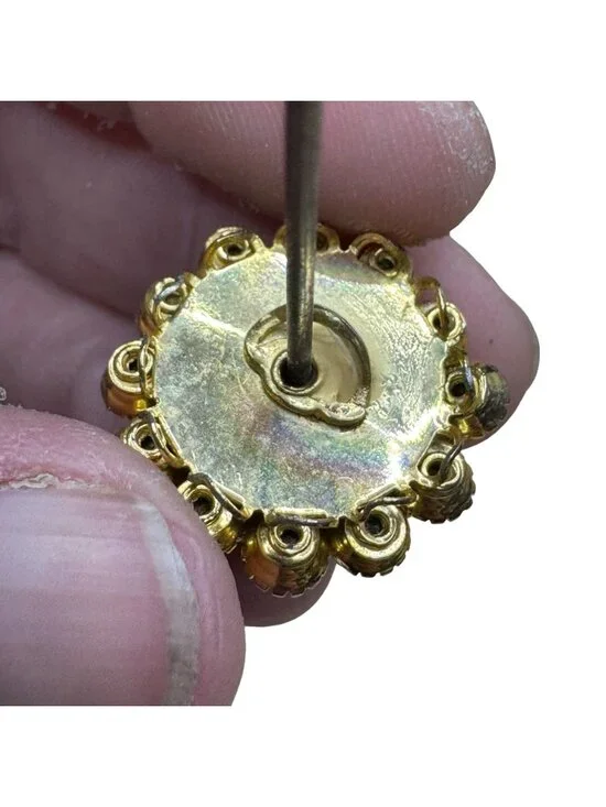 Vintage Gold Tone Rhinestone Hat Pin Brooch Clear + Amber Crystal 4.5" Art Deco - Picture 6 of 6